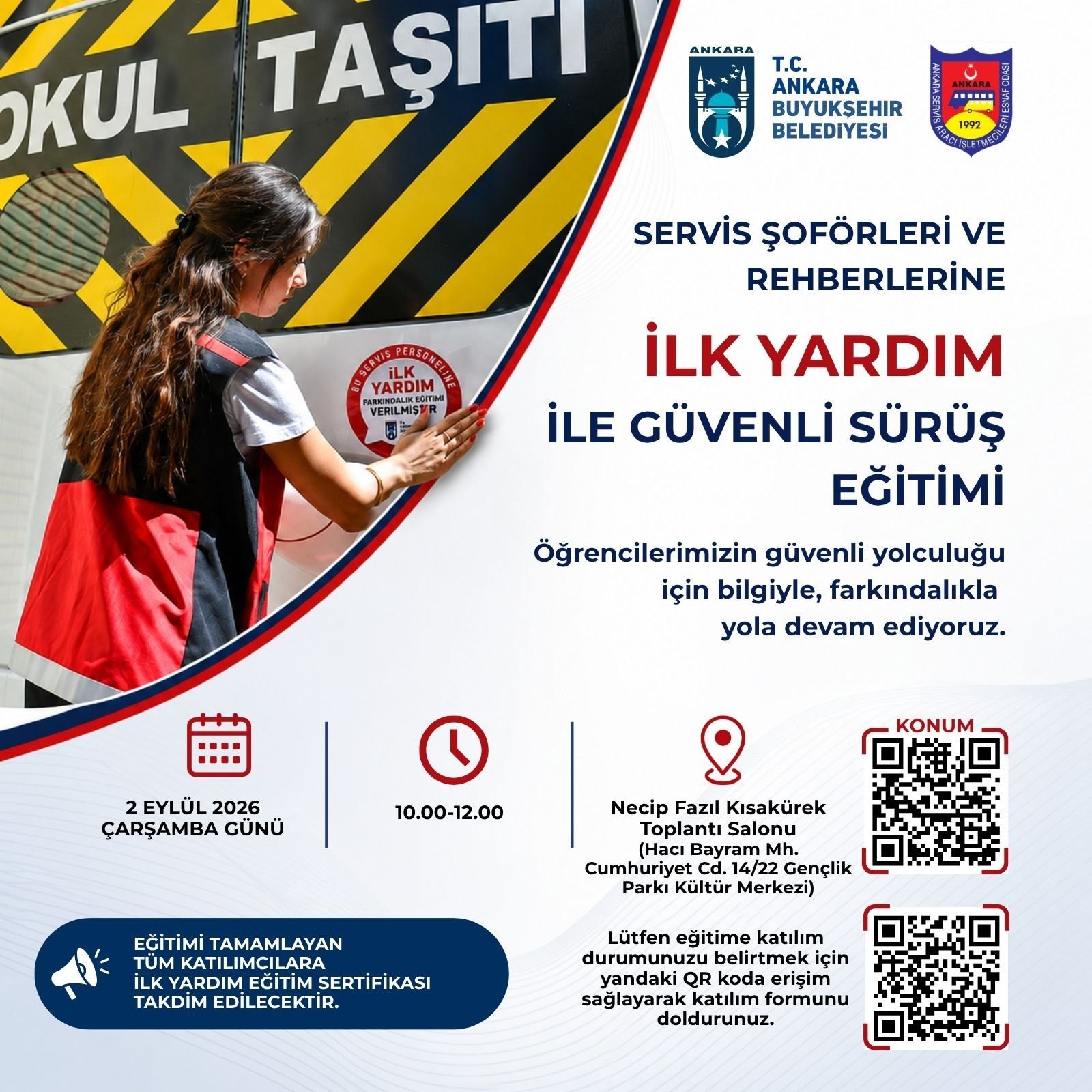 Servis şoförleri ve rehberlerine ilk yardım ile güvenli sürüş eğitimi afişi — 2 Eylül 2026 Çarşamba, 10.00-12.00, Necip Fazıl Kısakürek Toplantı Salonu