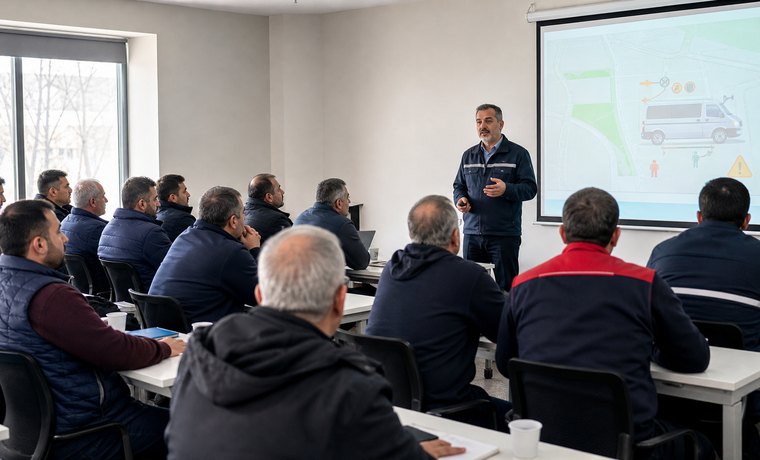 Eğitim salonunda sunum yapan eğitmen ve katılımcılar